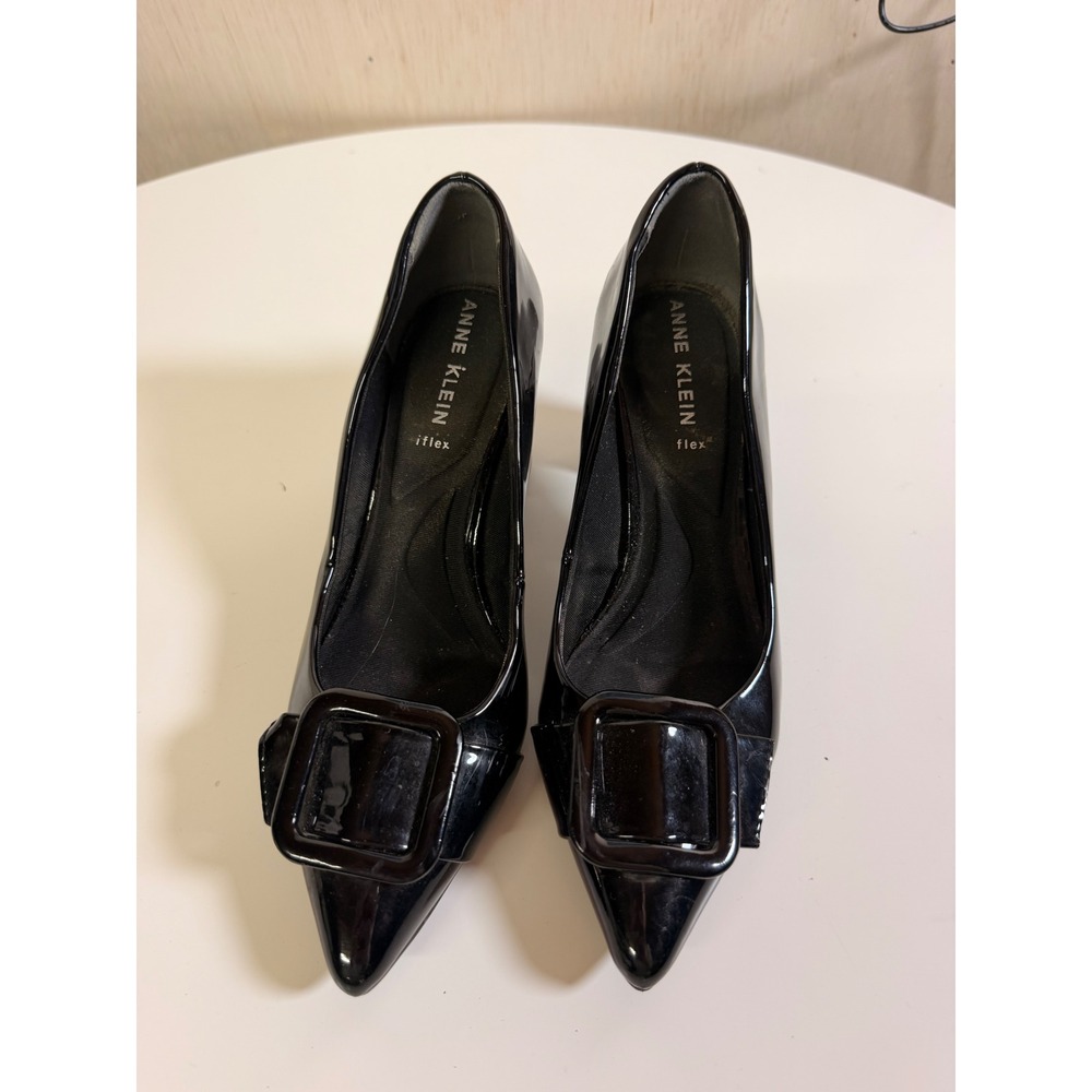 Anne Klein iFlex Pumps Womens 7 Black Excellent Patent Buckle Pointed Toe Heel